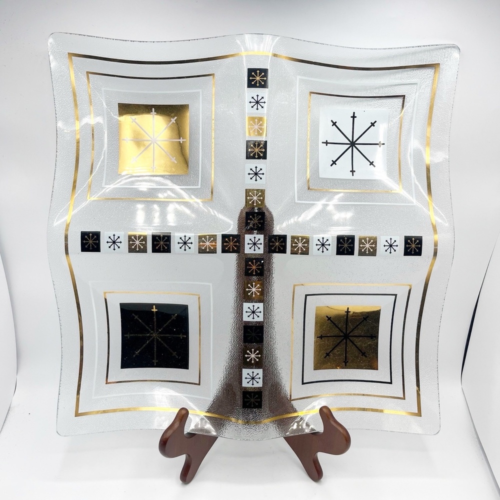 Inland Glass 1950s Atomic‎ Starburst Divided Snack Tray Gold Black White Vtg MCM